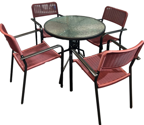 Acciaio K/tavola rotonda di vetro di D e sedie di vimine di plastica che pranzano insieme 5